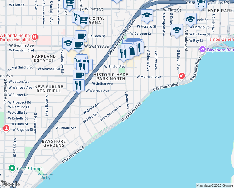 map of restaurants, bars, coffee shops, grocery stores, and more near 13 West Hills Avenue in Tampa
