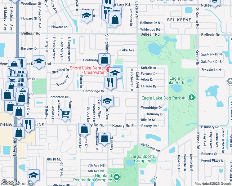 map of restaurants, bars, coffee shops, grocery stores, and more near 1791 South Highland Avenue in Clearwater
