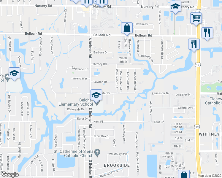 map of restaurants, bars, coffee shops, grocery stores, and more near 2278 Lancaster Drive in Clearwater