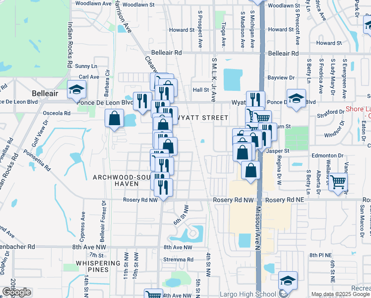 map of restaurants, bars, coffee shops, grocery stores, and more near 730 16th Avenue Northwest in Largo