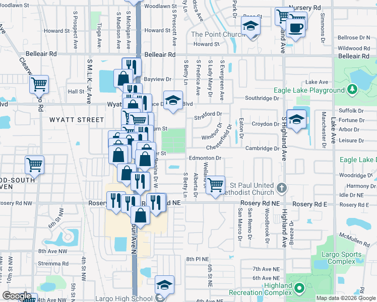 map of restaurants, bars, coffee shops, grocery stores, and more near 1301 Chesterfield Drive in Clearwater