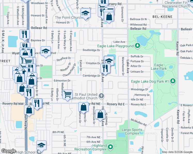 map of restaurants, bars, coffee shops, grocery stores, and more near 1479 Cambridge Drive in Clearwater
