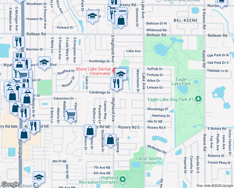 map of restaurants, bars, coffee shops, grocery stores, and more near 1791 South Highland Avenue in Clearwater