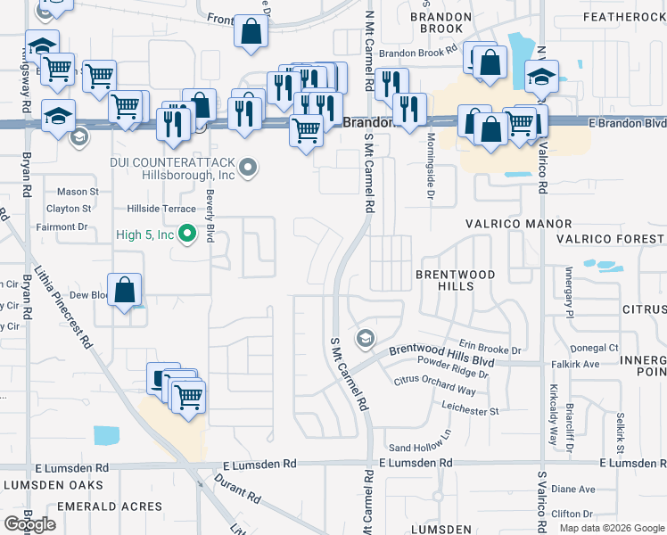 map of restaurants, bars, coffee shops, grocery stores, and more near 627 Tuscanny Street in Brandon