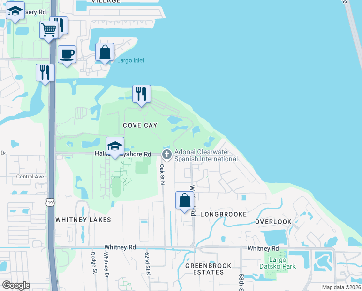 map of restaurants, bars, coffee shops, grocery stores, and more near 2621 Cove Cay Drive in Clearwater