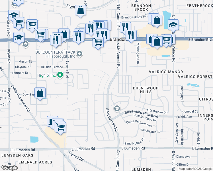 map of restaurants, bars, coffee shops, grocery stores, and more near 627 Tuscanny Street in Brandon