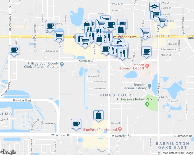 map of restaurants, bars, coffee shops, grocery stores, and more near 711 Westwood Circle in Brandon