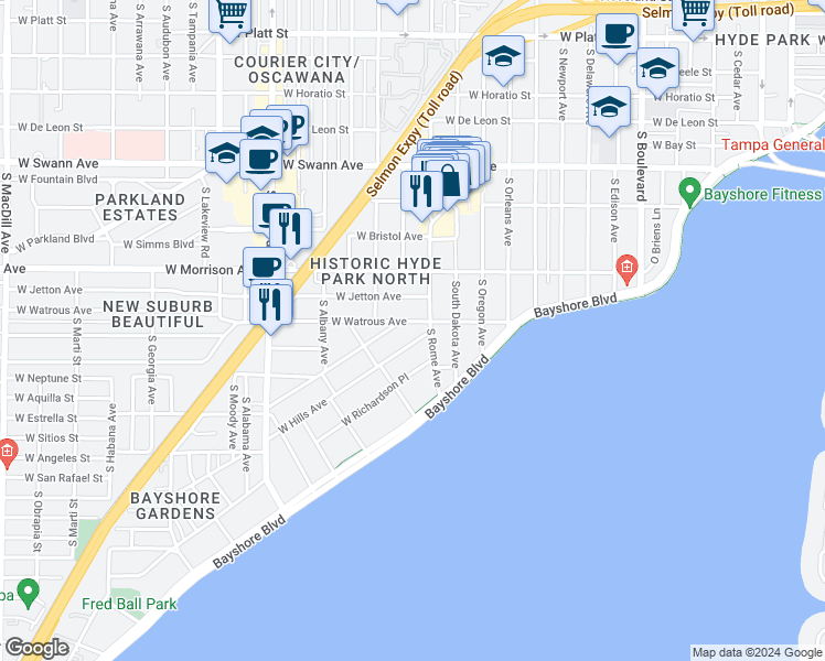 map of restaurants, bars, coffee shops, grocery stores, and more near 13 West Hills Avenue in Tampa