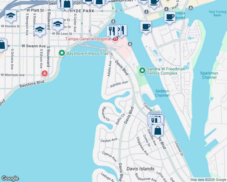 map of restaurants, bars, coffee shops, grocery stores, and more near 101 Adalia Avenue in Tampa