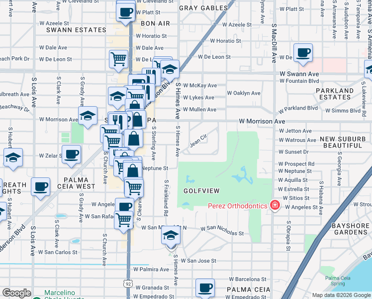 map of restaurants, bars, coffee shops, grocery stores, and more near 3424 West Jean Street in Tampa