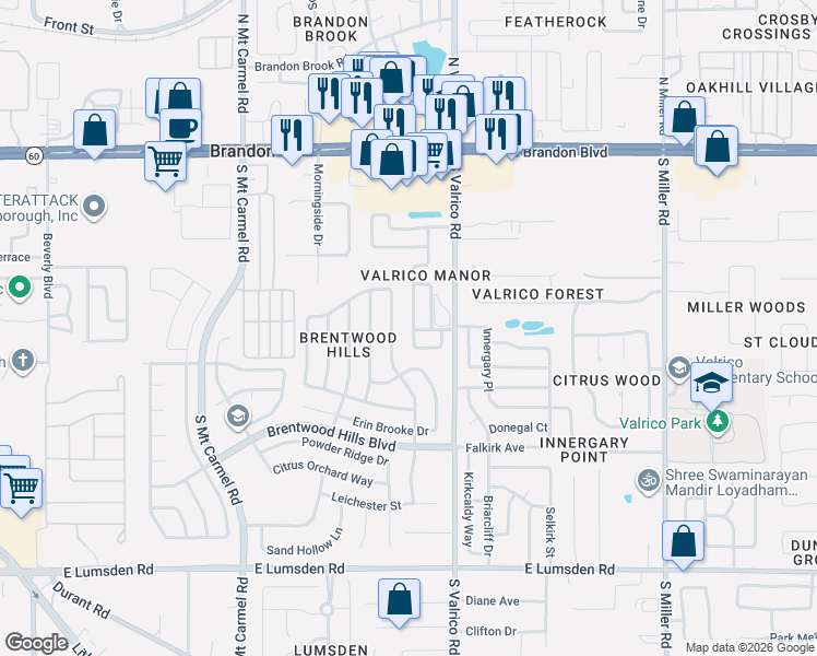 map of restaurants, bars, coffee shops, grocery stores, and more near 324 Regal Park Drive in Valrico
