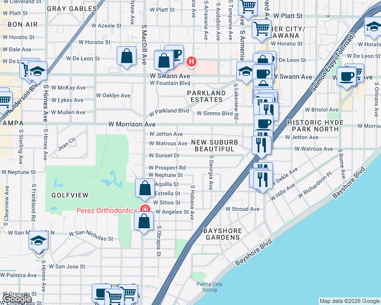 map of restaurants, bars, coffee shops, grocery stores, and more near 2523 West Sunset Drive in Tampa