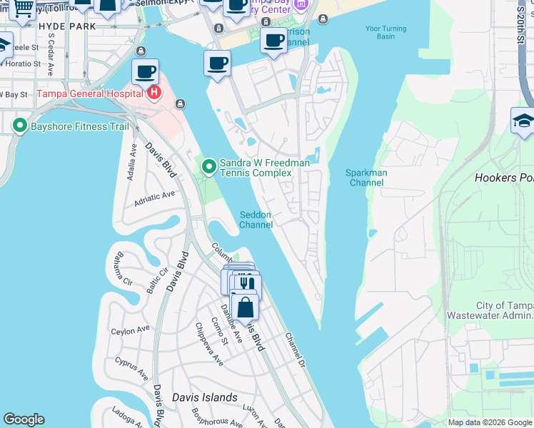 map of restaurants, bars, coffee shops, grocery stores, and more near 1035 Royal Pass Road in Tampa
