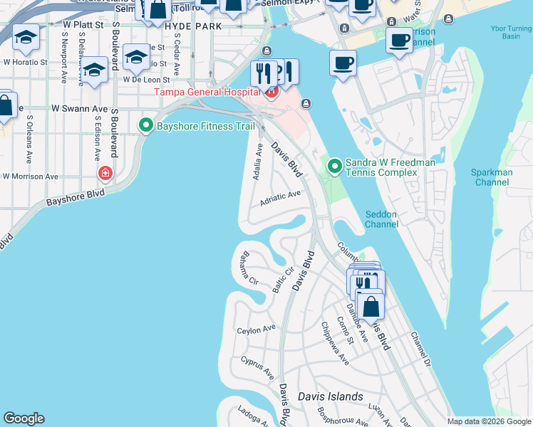 map of restaurants, bars, coffee shops, grocery stores, and more near 101 Adalia Avenue in Tampa