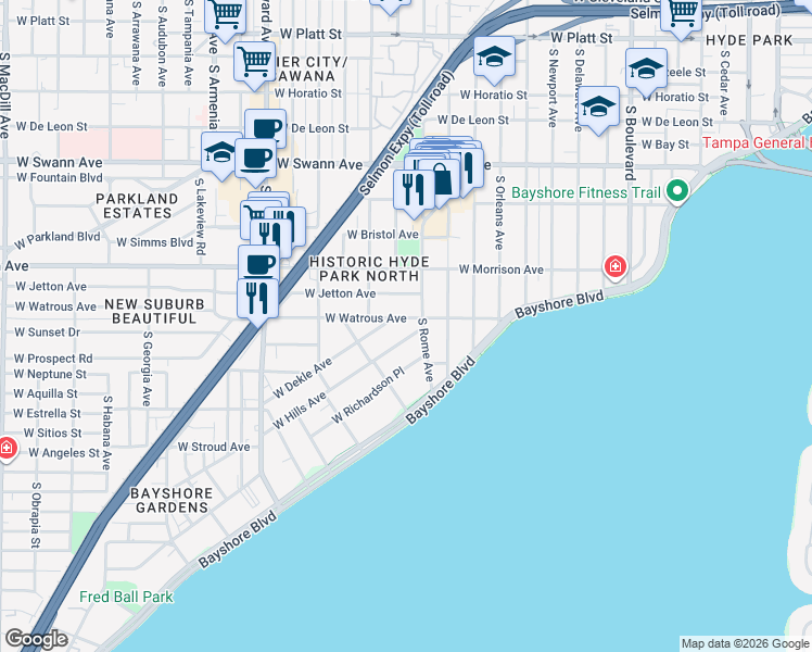 map of restaurants, bars, coffee shops, grocery stores, and more near 13 West Hills Avenue in Tampa