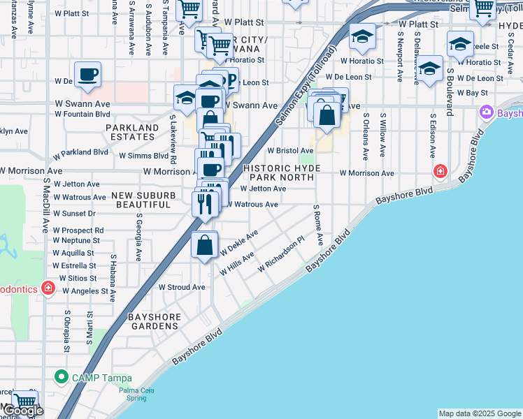 map of restaurants, bars, coffee shops, grocery stores, and more near 1206 South Albany Avenue in Tampa