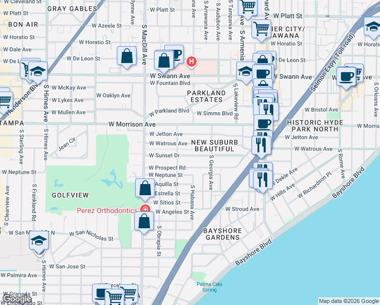 map of restaurants, bars, coffee shops, grocery stores, and more near 2523 West Sunset Drive in Tampa