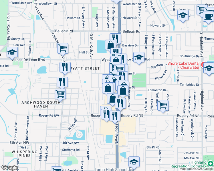 map of restaurants, bars, coffee shops, grocery stores, and more near 1060 Jasper Street in Clearwater