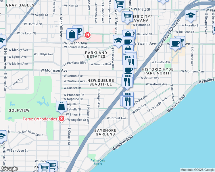 map of restaurants, bars, coffee shops, grocery stores, and more near 2419 West Sunset Drive in Tampa