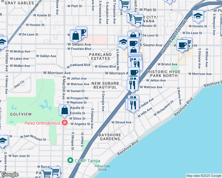 map of restaurants, bars, coffee shops, grocery stores, and more near 2421 West Sunset Drive in Tampa