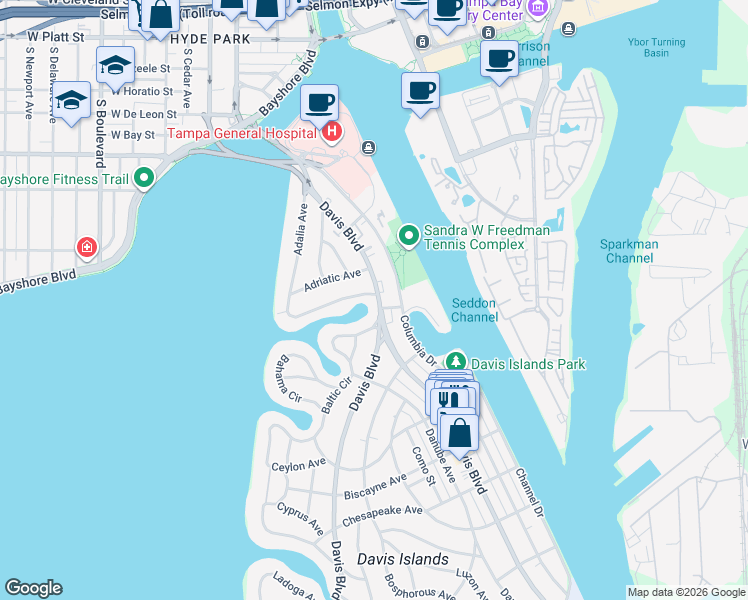 map of restaurants, bars, coffee shops, grocery stores, and more near 2 Bering Street in Tampa