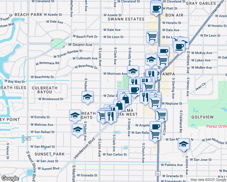 map of restaurants, bars, coffee shops, grocery stores, and more near 4015 West Zelar Street in Tampa