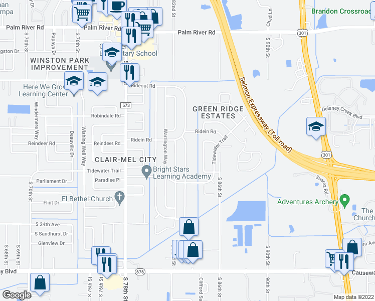 map of restaurants, bars, coffee shops, grocery stores, and more near 1714 Windsor Way in Tampa