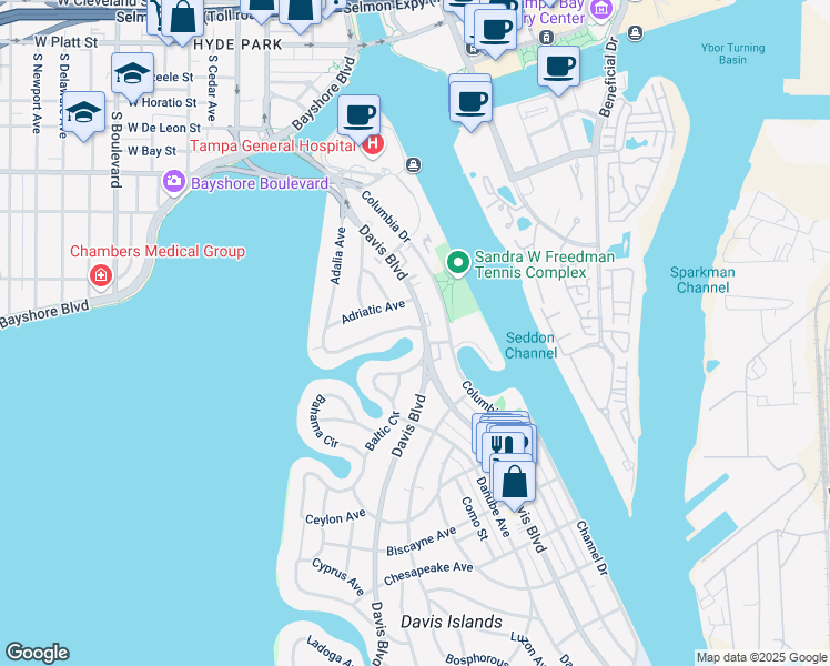 map of restaurants, bars, coffee shops, grocery stores, and more near 84 Davis Boulevard in Tampa