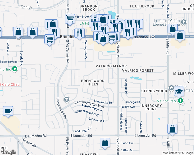 map of restaurants, bars, coffee shops, grocery stores, and more near 636 Sand Ridge Drive in Valrico