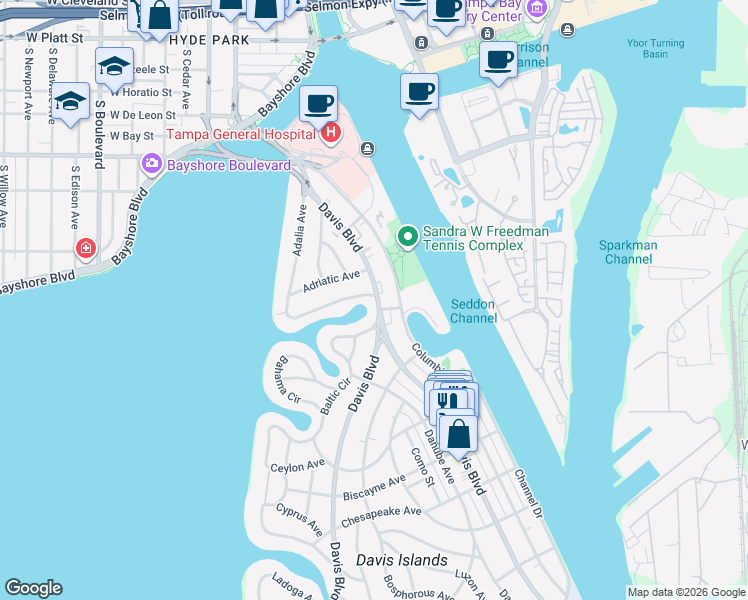 map of restaurants, bars, coffee shops, grocery stores, and more near 2 Bering Street in Tampa