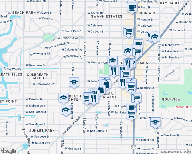 map of restaurants, bars, coffee shops, grocery stores, and more near 4015 West Zelar Street in Tampa