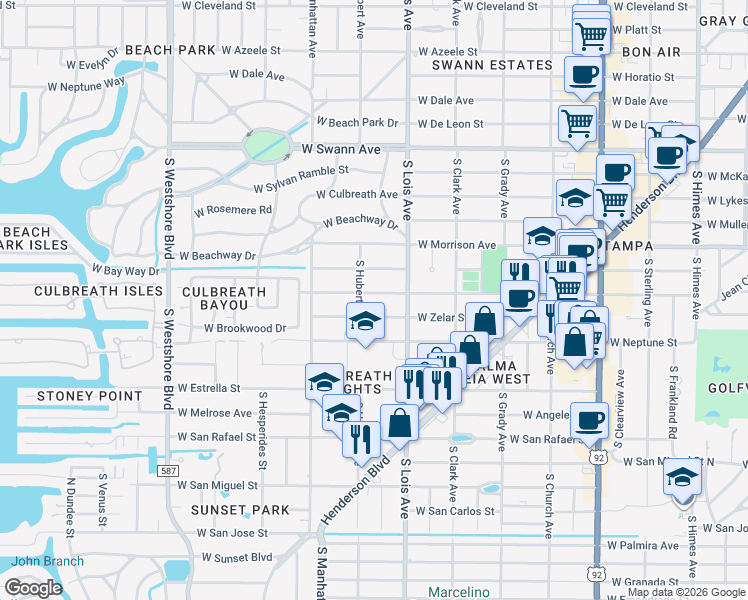 map of restaurants, bars, coffee shops, grocery stores, and more near 4207 West Zelar Street in Tampa