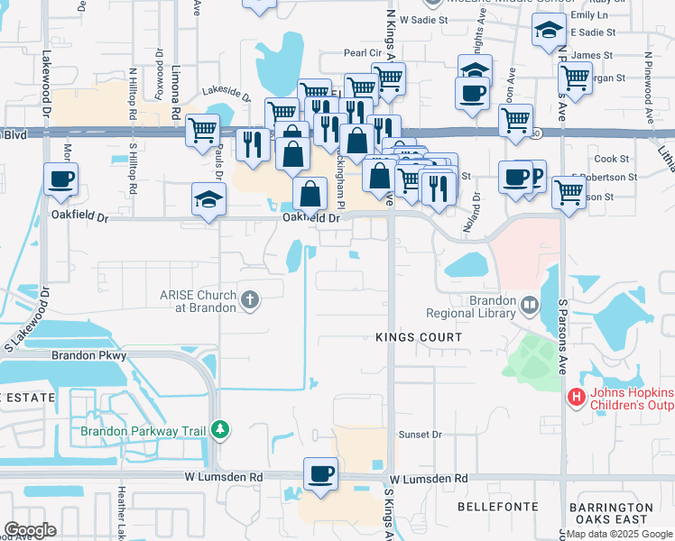 map of restaurants, bars, coffee shops, grocery stores, and more near 711 Westwood Circle in Brandon
