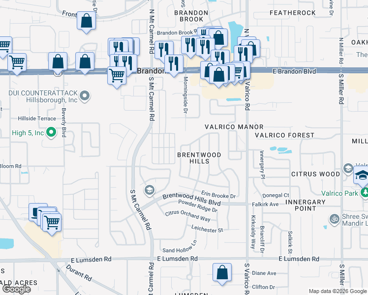 map of restaurants, bars, coffee shops, grocery stores, and more near 448 Sand Ridge Drive in Valrico