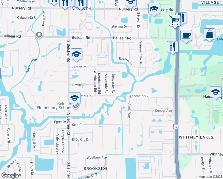 map of restaurants, bars, coffee shops, grocery stores, and more near 1794 Doncaster Road in Clearwater