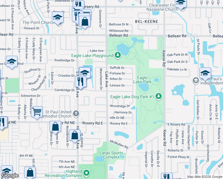 map of restaurants, bars, coffee shops, grocery stores, and more near 1613 Cambridge Drive in Clearwater