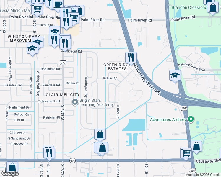 map of restaurants, bars, coffee shops, grocery stores, and more near 8523 Gold Ridge Circle in Tampa