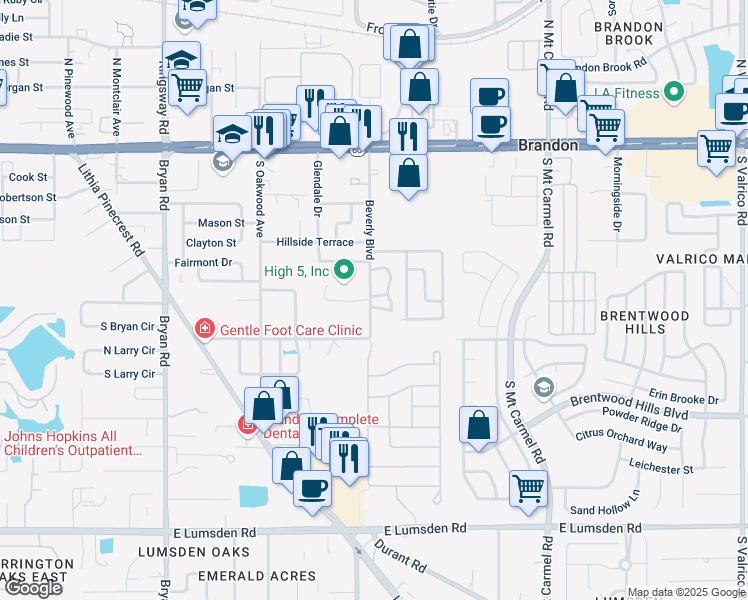 map of restaurants, bars, coffee shops, grocery stores, and more near 604 Beverly Boulevard in Brandon