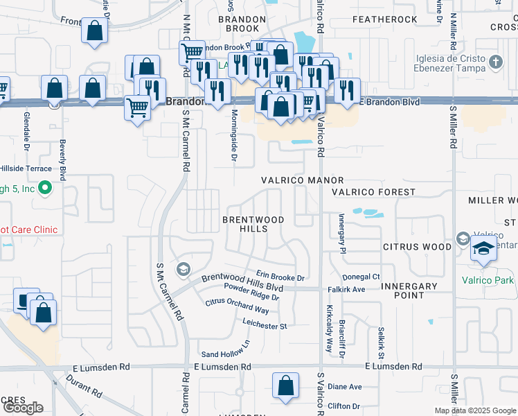 map of restaurants, bars, coffee shops, grocery stores, and more near 516 Royal Ridge Street in Valrico