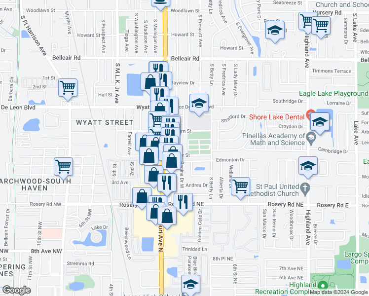 map of restaurants, bars, coffee shops, grocery stores, and more near 220 Regina Drive North in Largo