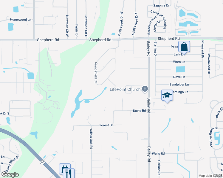 map of restaurants, bars, coffee shops, grocery stores, and more near 4916 Waterstone Way in Mulberry