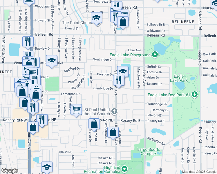 map of restaurants, bars, coffee shops, grocery stores, and more near 1479 Cambridge Drive in Clearwater