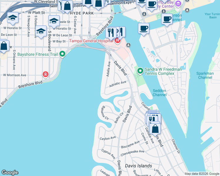map of restaurants, bars, coffee shops, grocery stores, and more near 100 Adriatic Avenue in Tampa