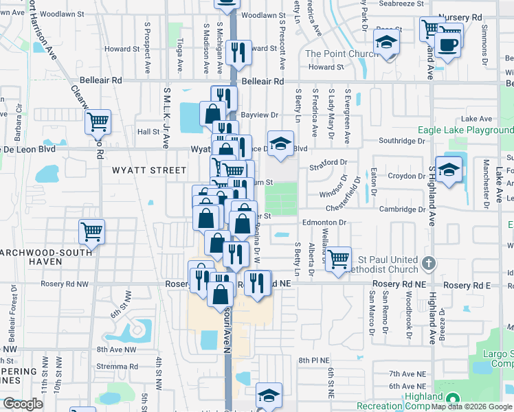 map of restaurants, bars, coffee shops, grocery stores, and more near 1600 Missouri Avenue North in Largo