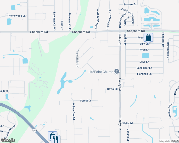 map of restaurants, bars, coffee shops, grocery stores, and more near 4916 Waterstone Way in Mulberry