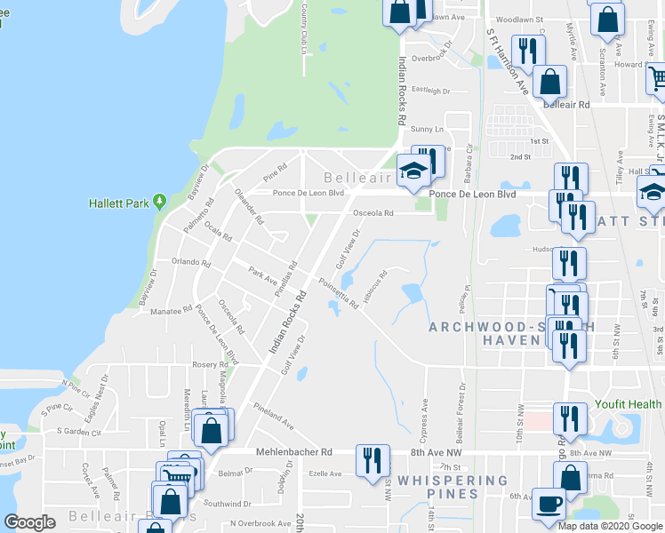 map of restaurants, bars, coffee shops, grocery stores, and more near 1326 Golf View Drive in Belleair