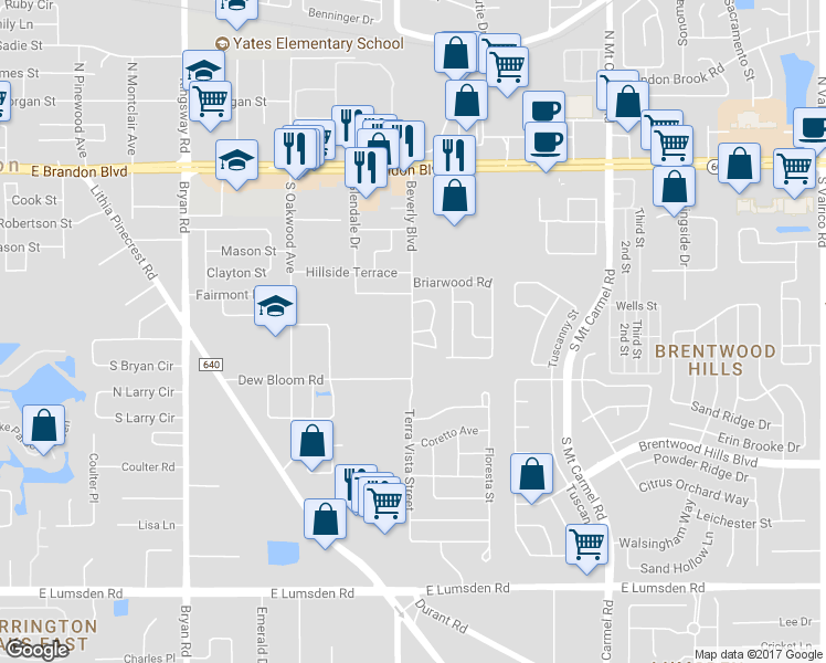 map of restaurants, bars, coffee shops, grocery stores, and more near 504 Beverly Boulevard in Brandon