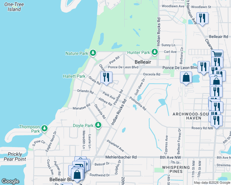 map of restaurants, bars, coffee shops, grocery stores, and more near 475 Poinsettia Road in Belleair