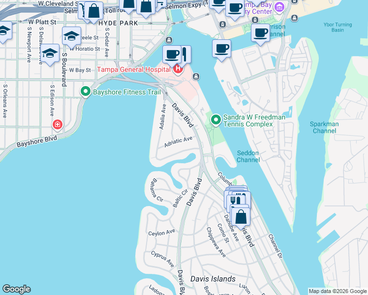 map of restaurants, bars, coffee shops, grocery stores, and more near 122 Adalia Avenue in Tampa