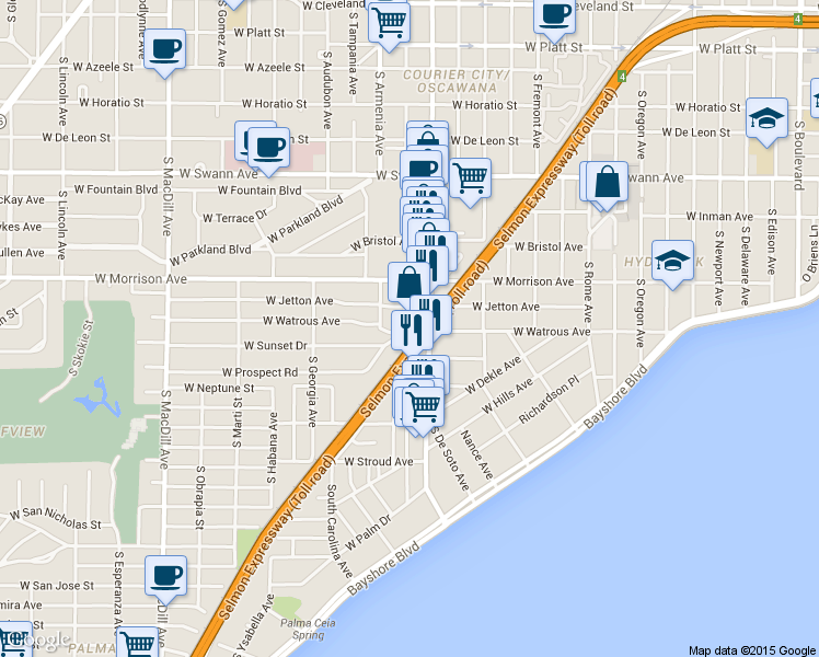 map of restaurants, bars, coffee shops, grocery stores, and more near 1203 South Howard Avenue in Tampa